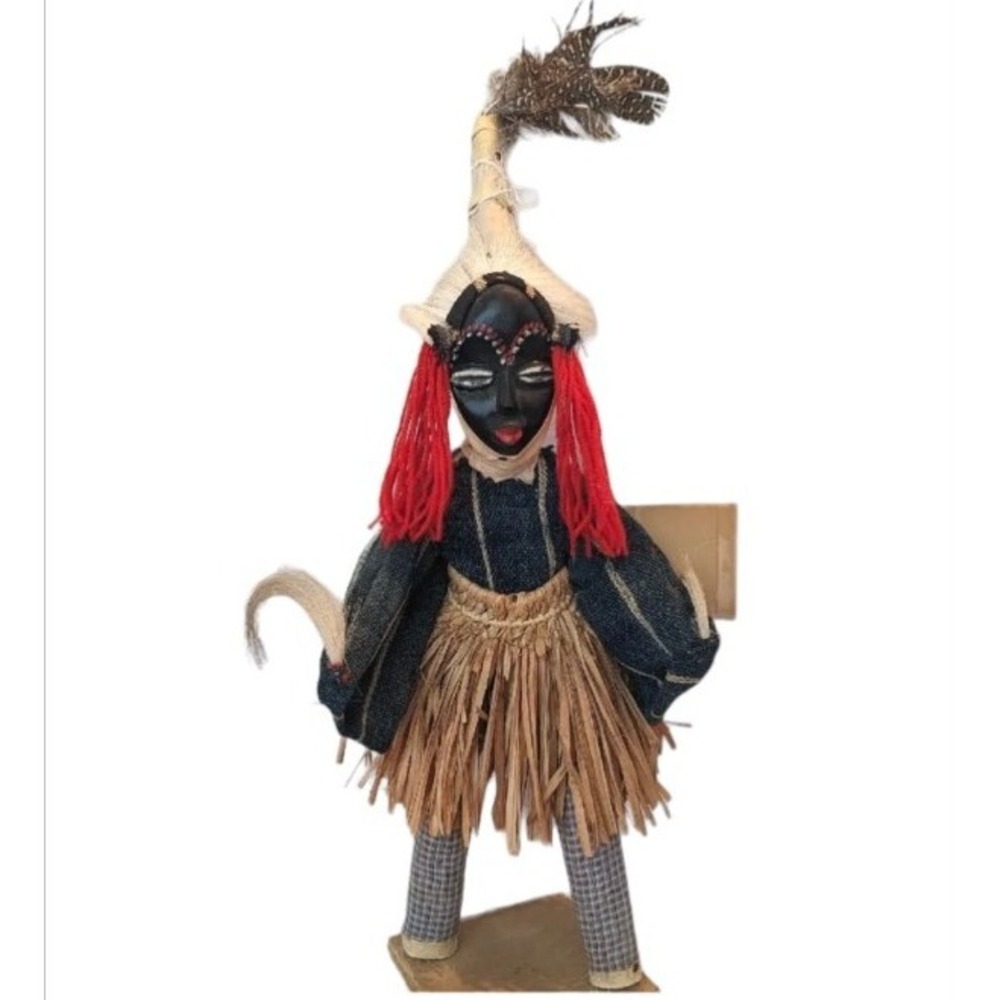 Artisan African Doll Statue Ivory Coast Mask Grass Skirt Zoouly Traditional Wood
